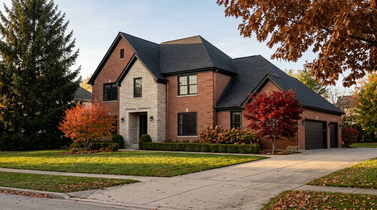 Two-story brick colonial with limestone entry, autumn-colored trees, and a broad lawn and driveway.