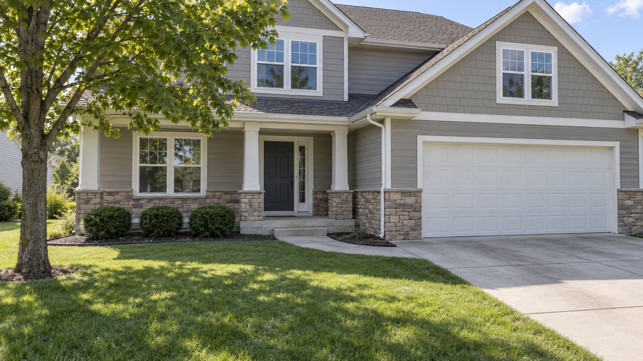 Two-story gray-sided home with stone accents, a covered entry, two-car garage and broad lawn beneath a mature sugar maple.