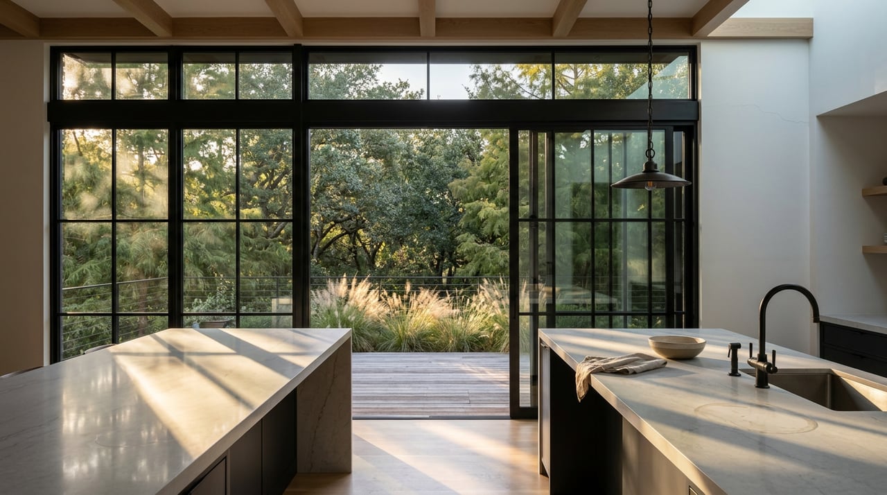 Kitchen island with a ceramic bowl and folded napkin facing a black-framed glass wall and leafy tree canopy.