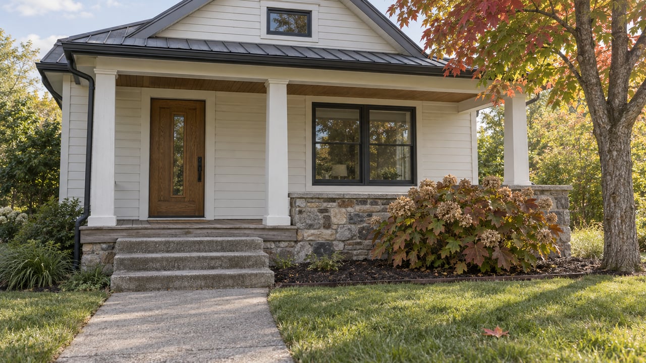 An off-white gabled house with black-framed windows, an oak front door and raised porch overlooks a small autumn lawn and concrete approach.