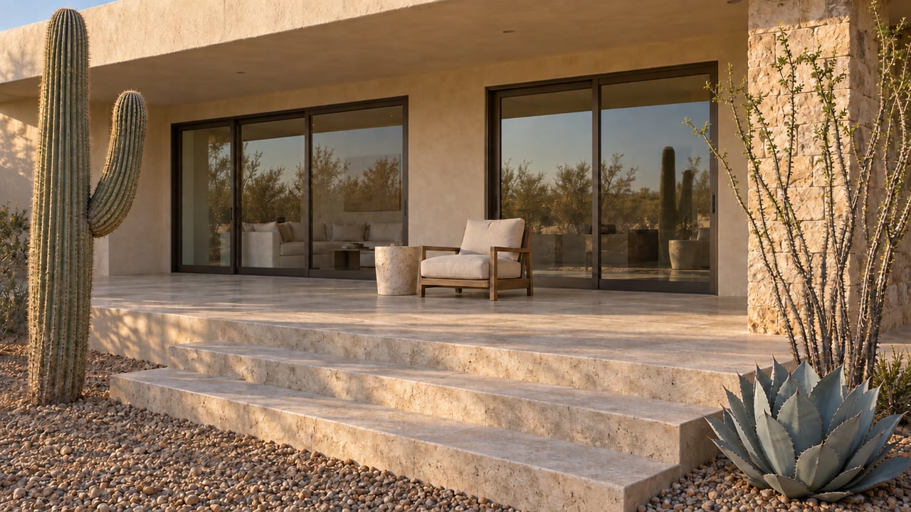 Covered limestone terrace with enclosed bronze-framed living-room glazing, a teak chair and desert plants beside stone steps.