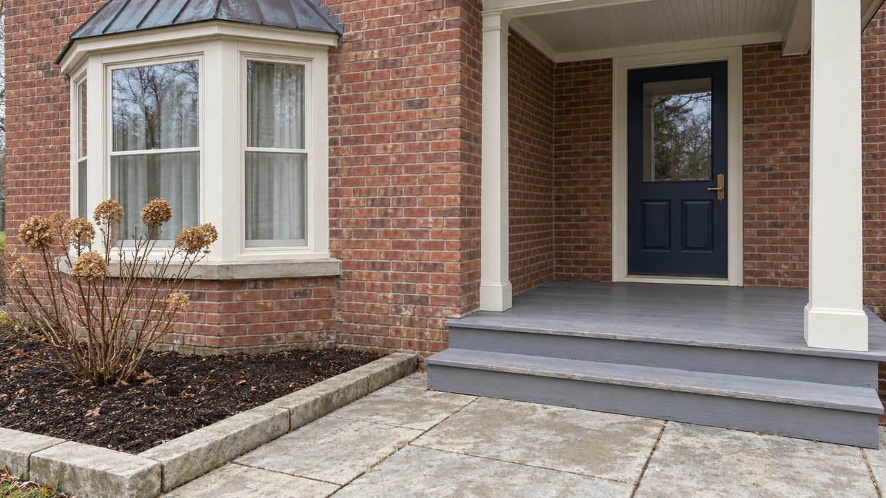 Late-autumn brick home with a cream-framed bay window, navy entrance door, weathered gray porch steps and limestone path beside dried hydrangea blooms.