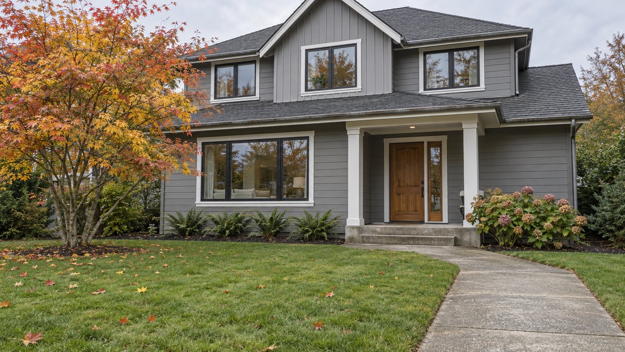 Two-story gray house with a covered entry, deep green front lawn and an autumn maple beside a concrete front walk.