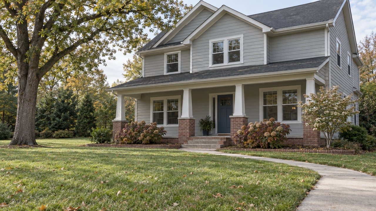A gabled two-story home behind a broad autumn lawn, with a concrete entry walk, brick porch supports and mature oak foliage.