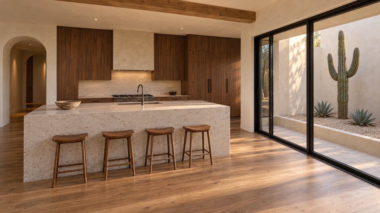 Pale limestone kitchen island faces walnut cabinetry and closed glass panels overlooking a gravel courtyard with a tall cactus.