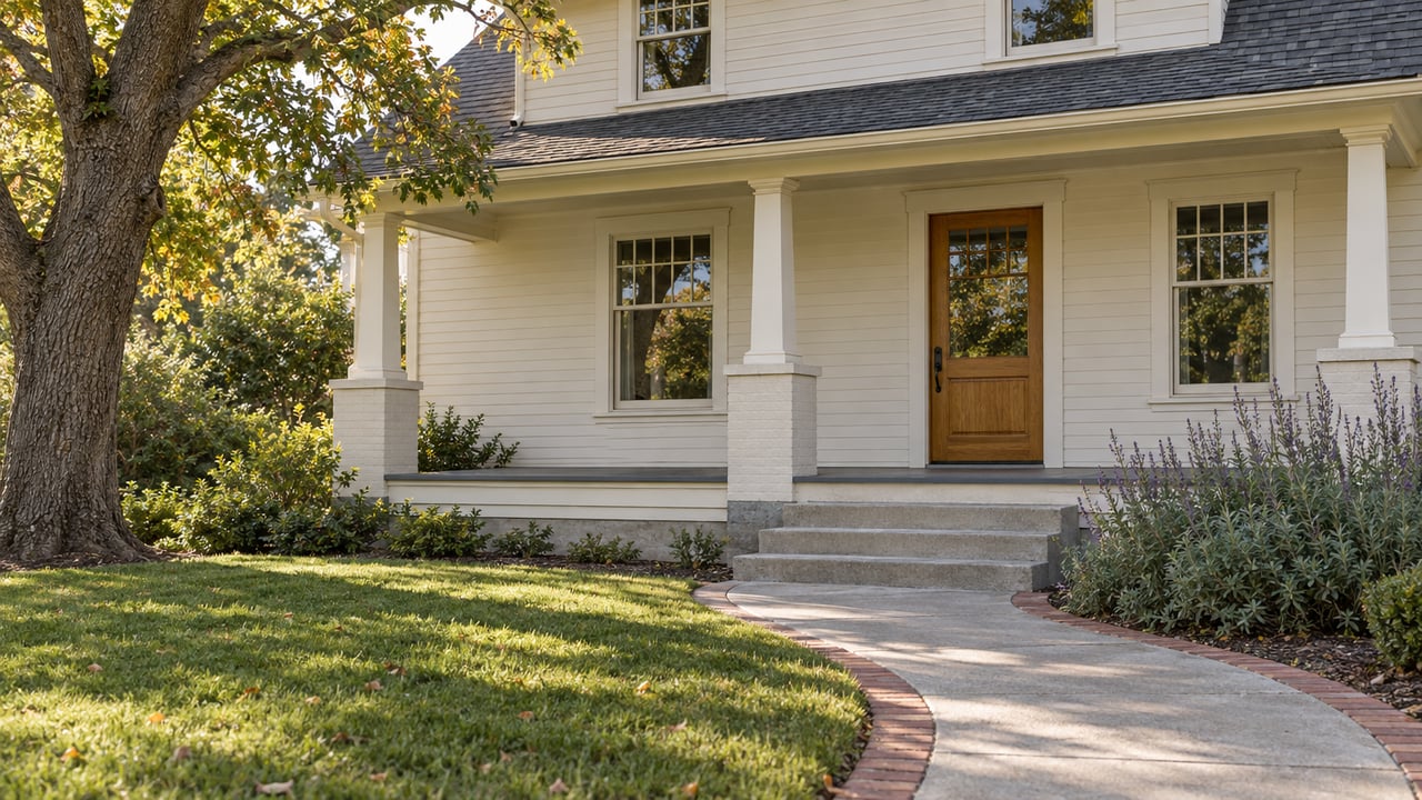 Morning light on an ivory wood-sided home with an oak door, raised porch and curved brick-edged garden walk.