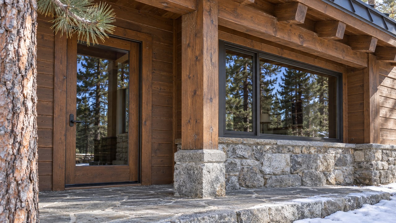 Winter light on a timber cabin entry with a closed glazed door, granite masonry, worn flagstone landing, and a ponderosa pine.