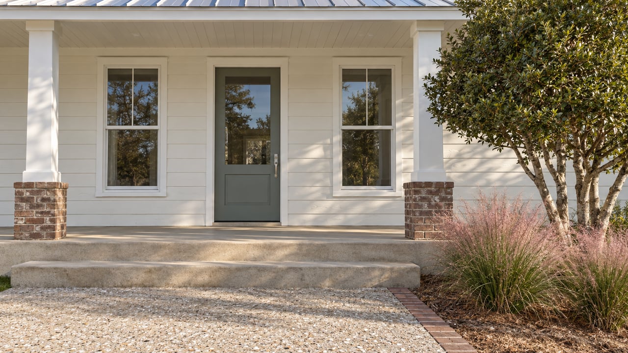 Morning light falls across a pale wood-sided home entrance, concrete porch steps and a shell-aggregate walk beside a yaupon holly and pink muhly grass.