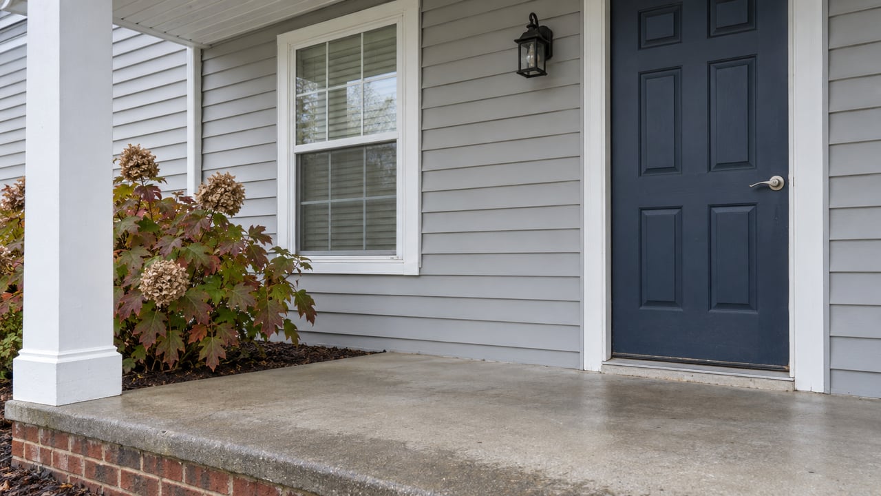 Covered front entry with pale-gray siding, a navy door, red-brown brick porch base and an oakleaf hydrangea with autumn foliage.
