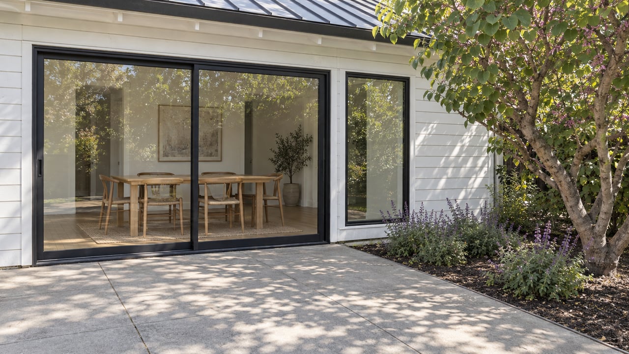 White-sided home with black-framed glass doors, a pale-oak dining room and a sunlit concrete terrace beside a western redbud.