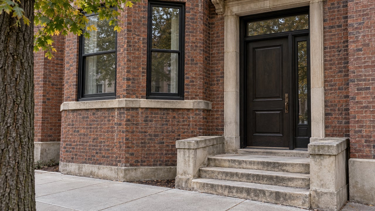 Weathered red-brick townhouse entrance with a dark door, three limestone steps, sash windows, and a tree at left.