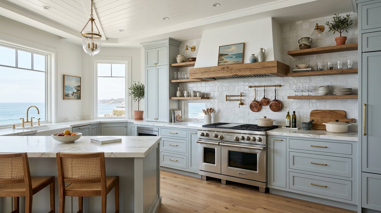 Coastal kitchen with light cabinetry, veined stone counters, brass hardware, glass pendants, and an arched passage.