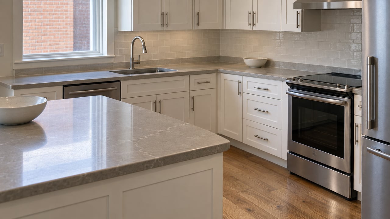 Condominium kitchen with off-white shaker cabinets, a pale stone island, oak flooring, and a window beside a brick wall.