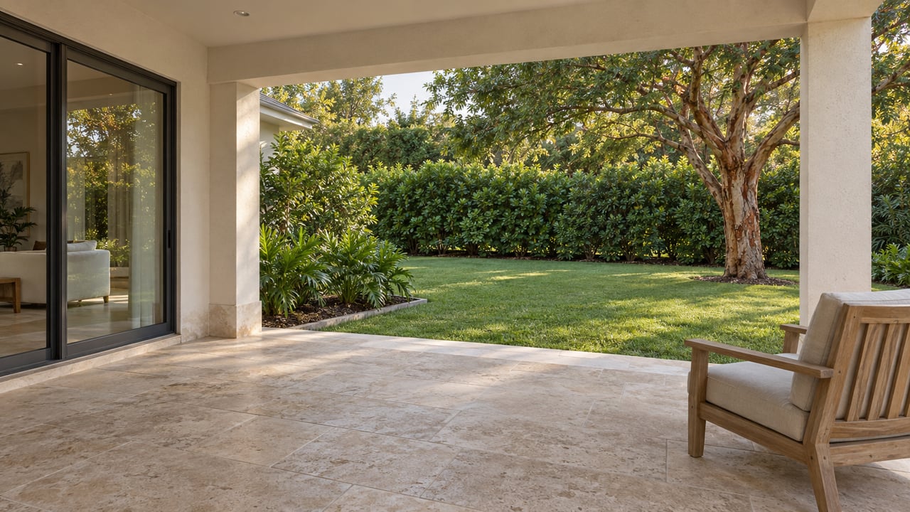 An ivory stucco home's covered limestone terrace opens onto a broad green lawn, with a teak lounge chair and a copper-barked garden tree.