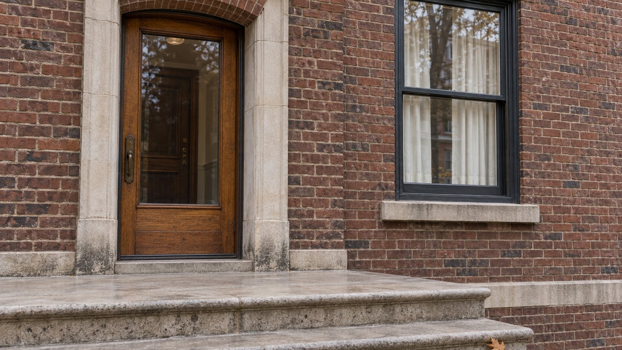 Weathered russet brick residential entrance with a glazed oak door, limestone surround and worn limestone stoop beside a sash window.