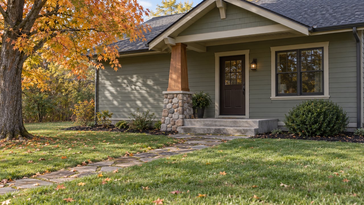 Sage-gray Craftsman home with a stone-based porch post, diagonal stone walk, and gold-orange maple.
