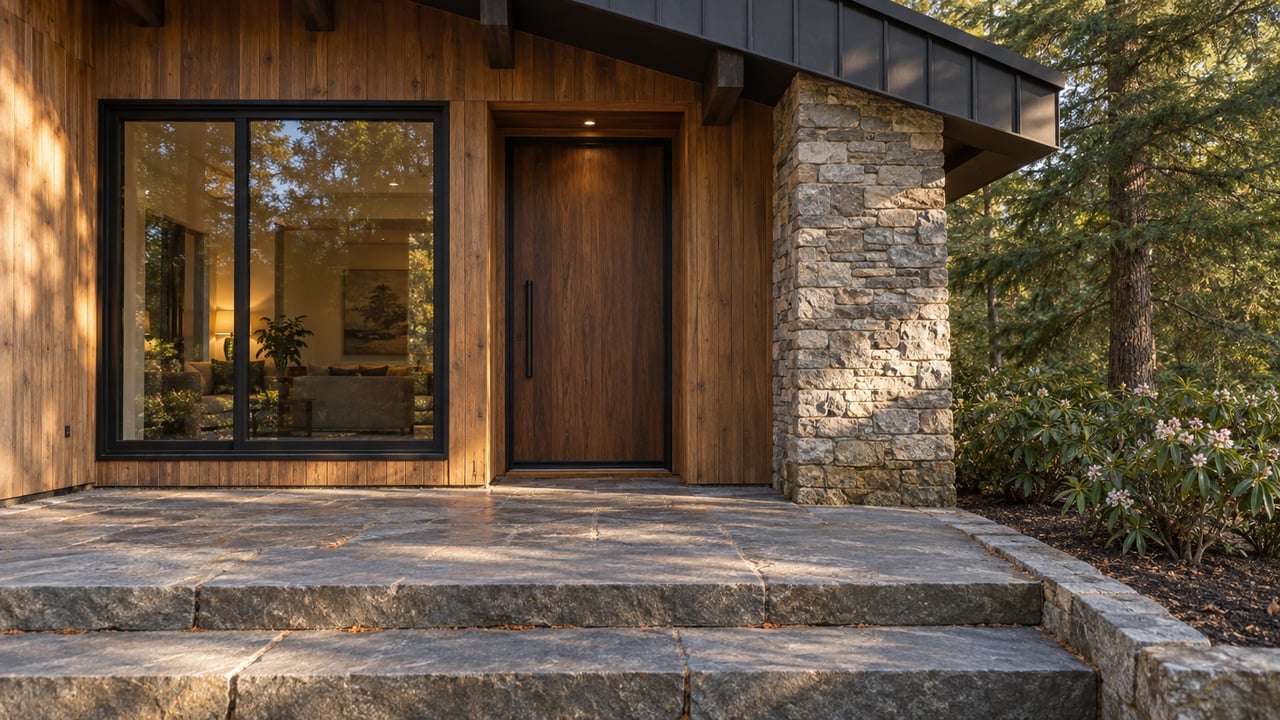Walnut entry door beside a black-framed window and stacked-stone pier, opening onto a bluestone landing.