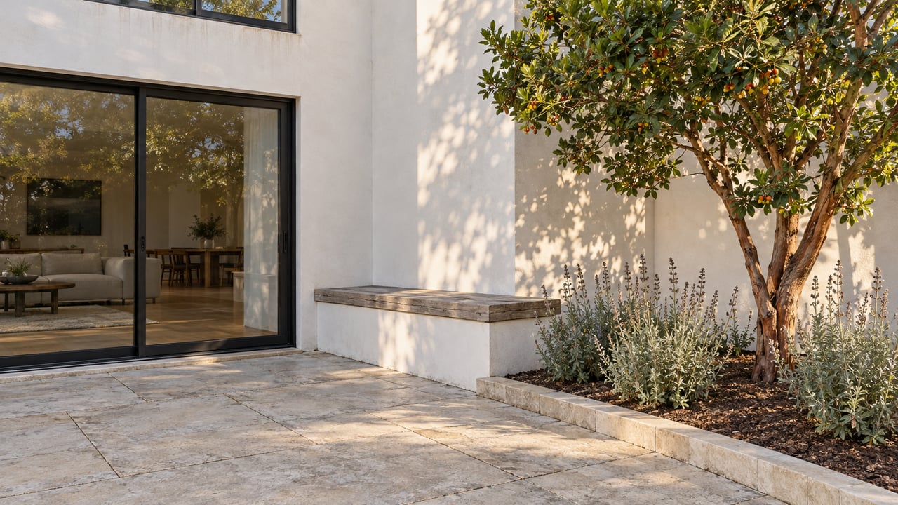 Morning light on a white stucco home's glass doors, limestone terrace, teak bench and strawberry tree planted beside flowering sage.