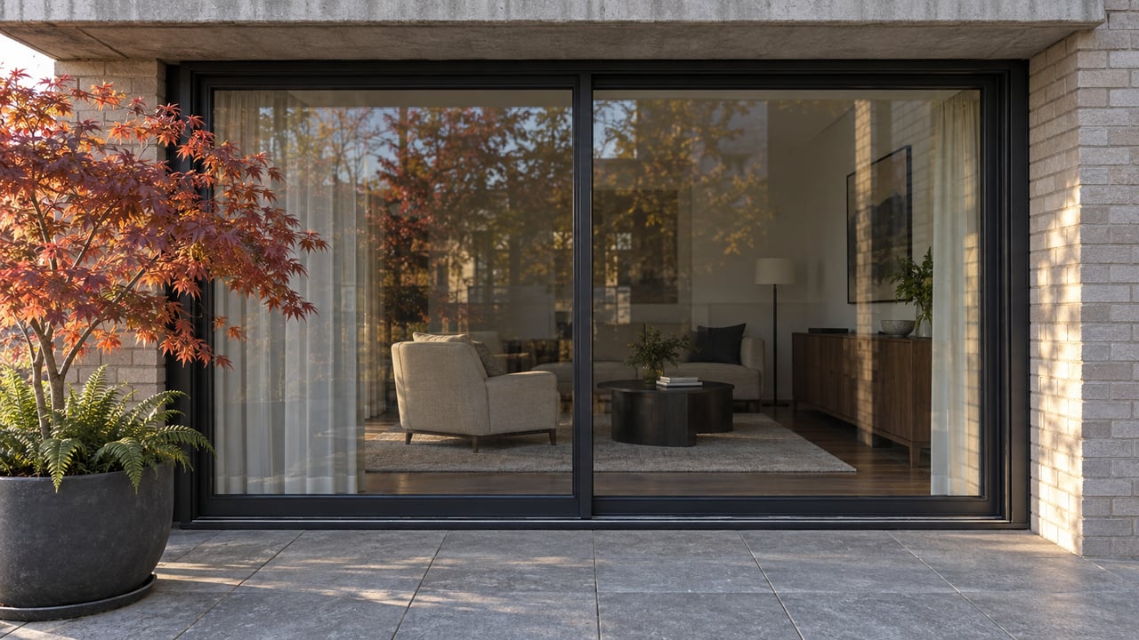 Closed full-height glass doors beneath a concrete balcony, warm brick, gray terrace paving, and a vine maple in an aged charcoal planter.