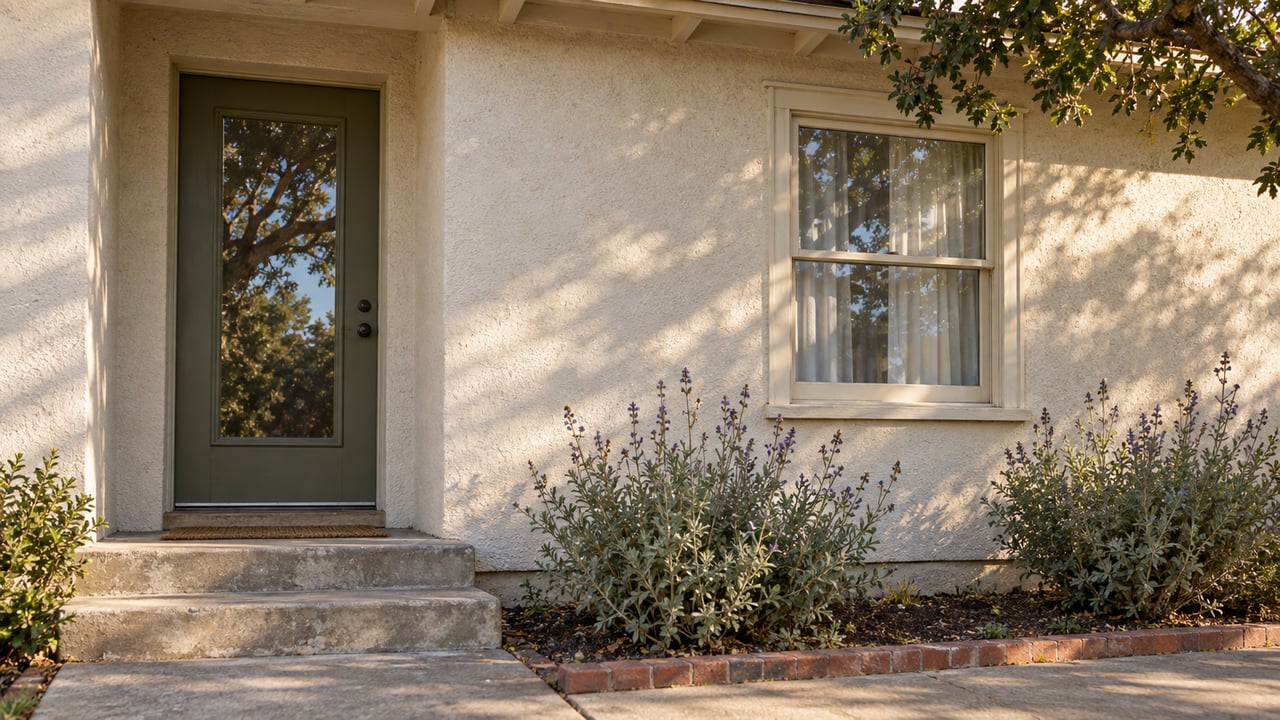 Off-white stucco house entry with an olive glazed door, concrete steps, and a wood-framed window.