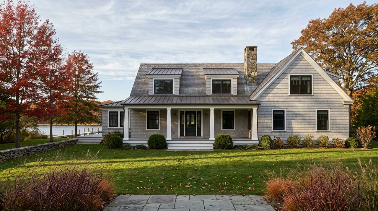 Two-story shingle-style house with a broad porch, autumn trees, open lawn, and a glimpse of water and dock.