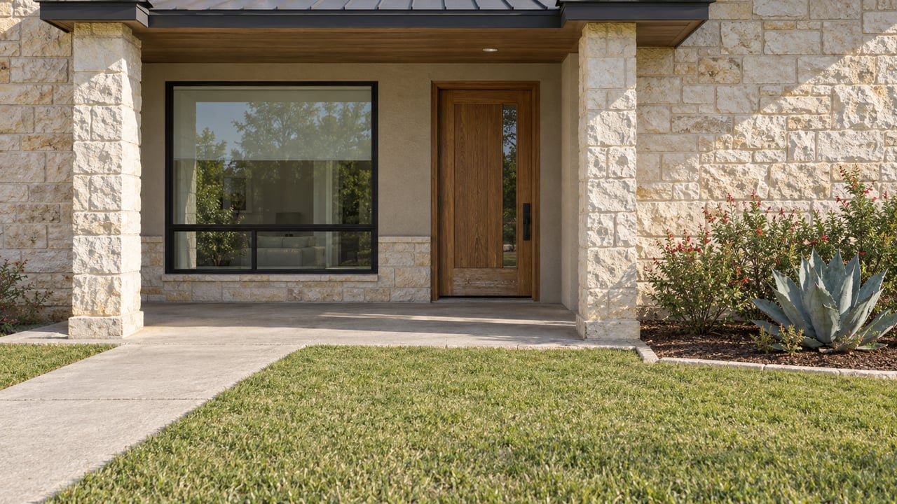 Limestone home entrance with a shaded oak door, black-framed window, concrete approach and blue agave beside a clipped lawn.