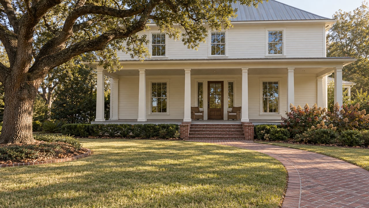 Pale lap-sided home with a deep elevated porch, brick approach, broad lawn, and a spreading live oak in warm afternoon light.