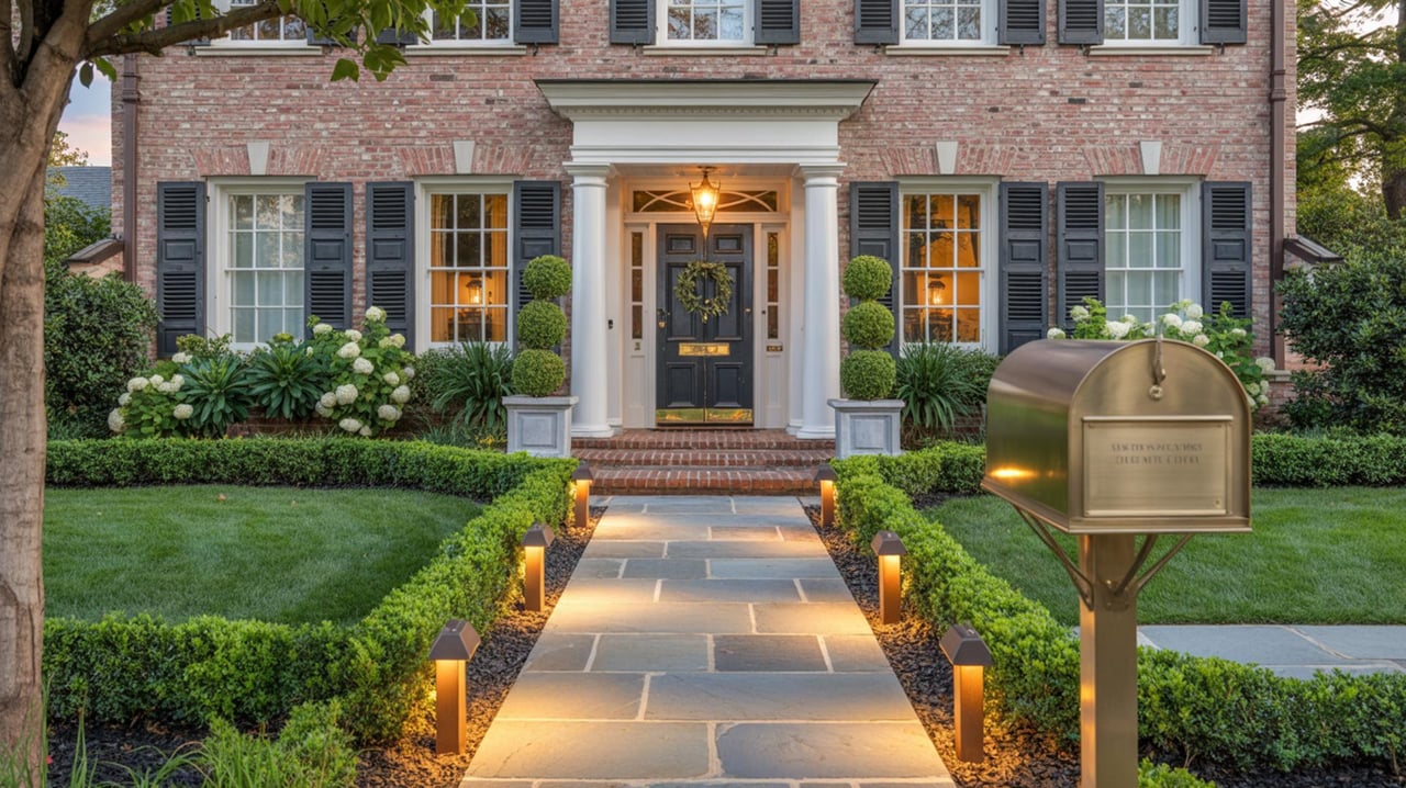 Brick house with a black front door, flanked by clipped hedges and a brass mailbox beside the walkway.