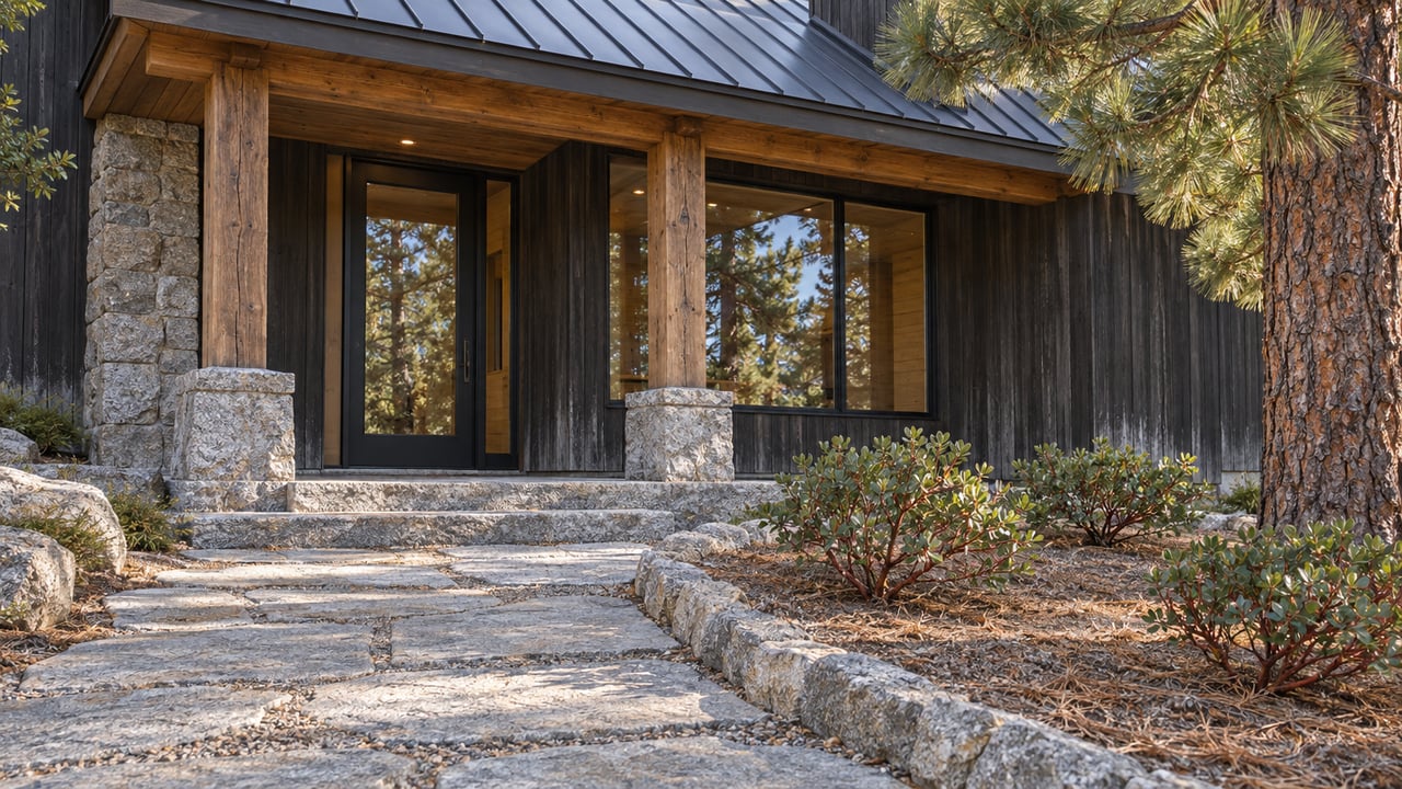 Morning sunlight on a timber-and-granite home entrance, with a broad stone approach, dark siding and a mature pine.