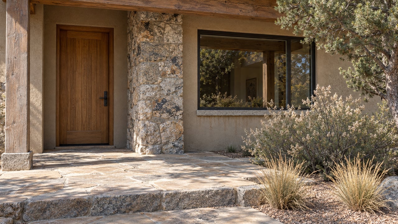 Covered entry with an oak door, granite pier, timber beam, and a flagstone landing edged by high-desert planting.