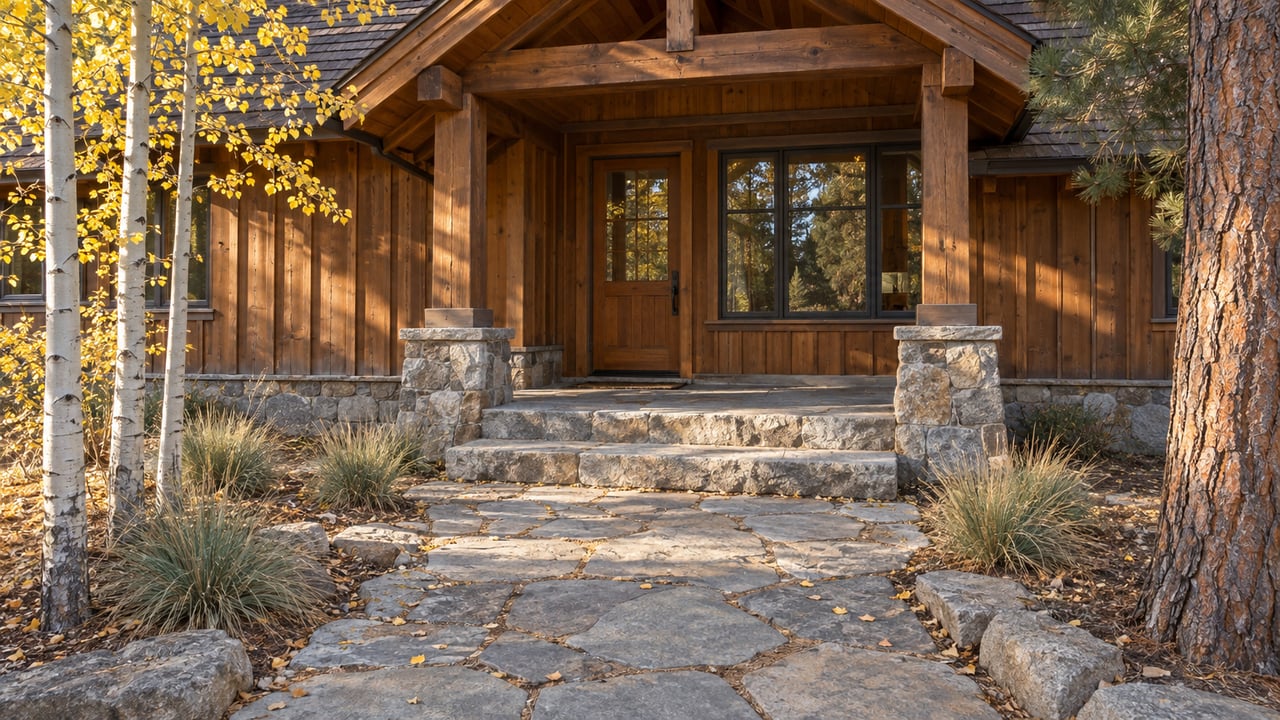 Cedar cabin entrance with granite porch steps, yellow aspen leaves and a sunlit pine trunk beside a stone approach.
