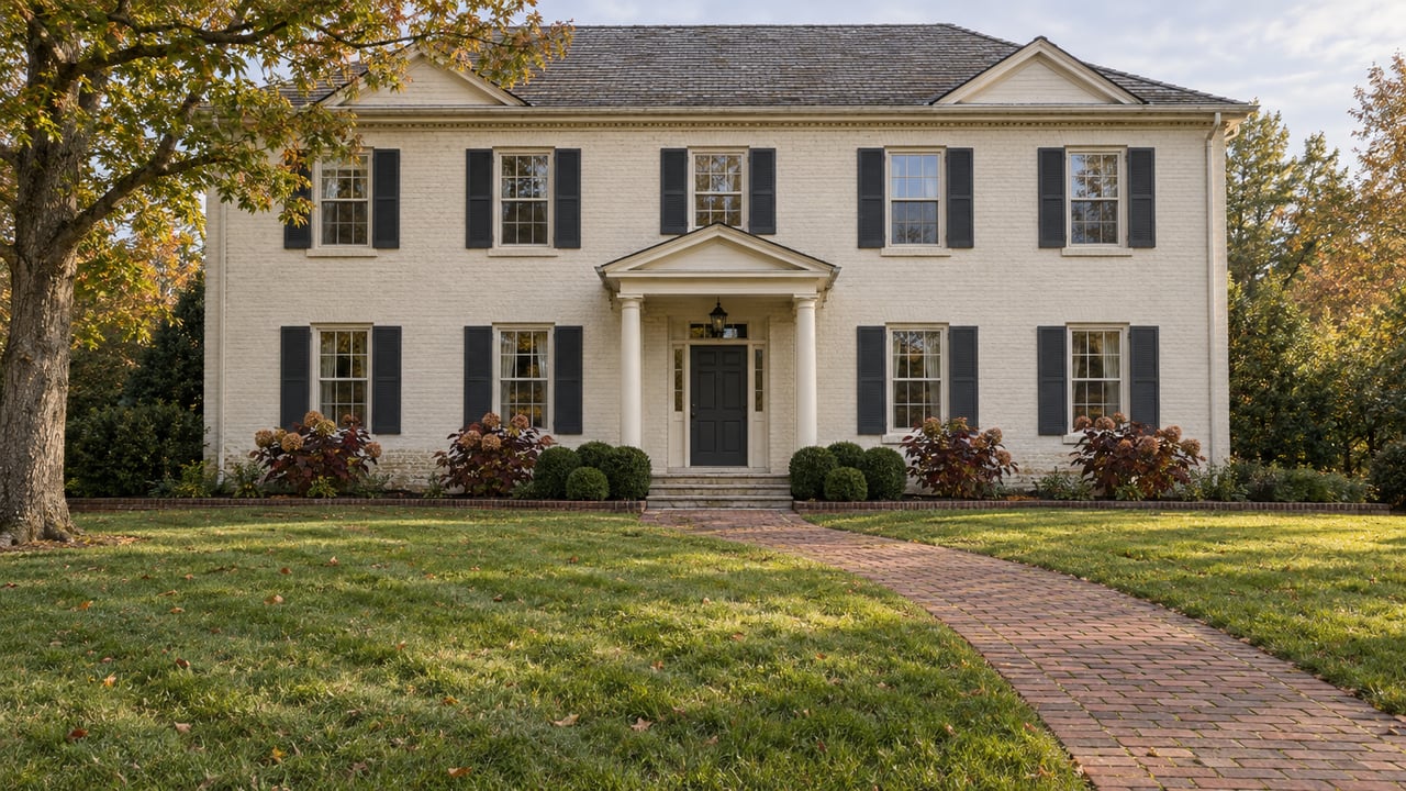 Painted-brick home with dark shutters and a columned entry beyond a deep autumn lawn, framed by a mature oak.