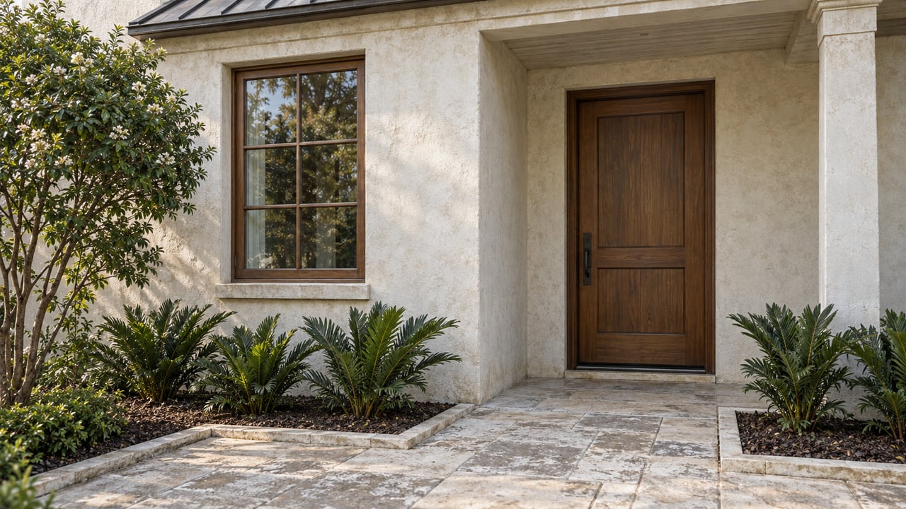 Weathered ivory stucco home with a recessed walnut door, divided-light window, and modest planted beds.