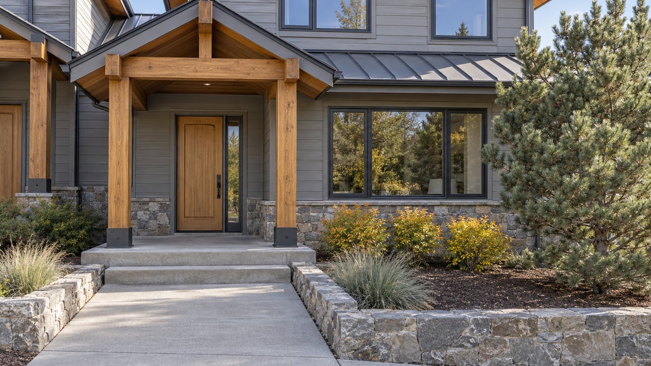 Gray-sided attached home with timber entry canopy, stone foundation and a compact planted approach in afternoon light.
