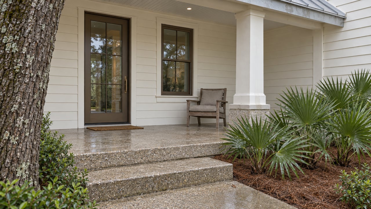 Ivory clapboard home with a covered porch, shell-aggregate steps, bronze-framed glazing and dwarf palmettos after rain.