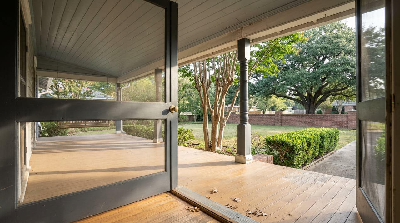 Covered porch with a charcoal turned post, part-open screen door, and oak canopy beyond a low brick wall.
