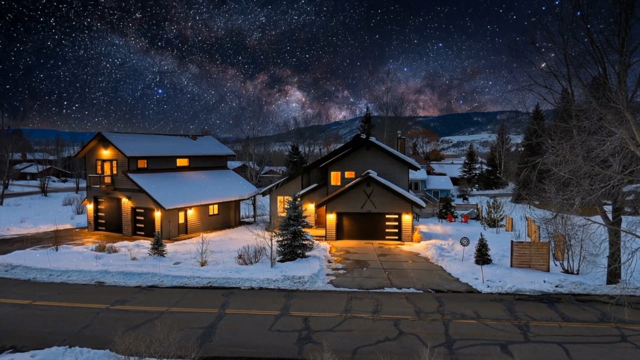Two snow-covered homes with glowing windows beneath a star-filled night sky.