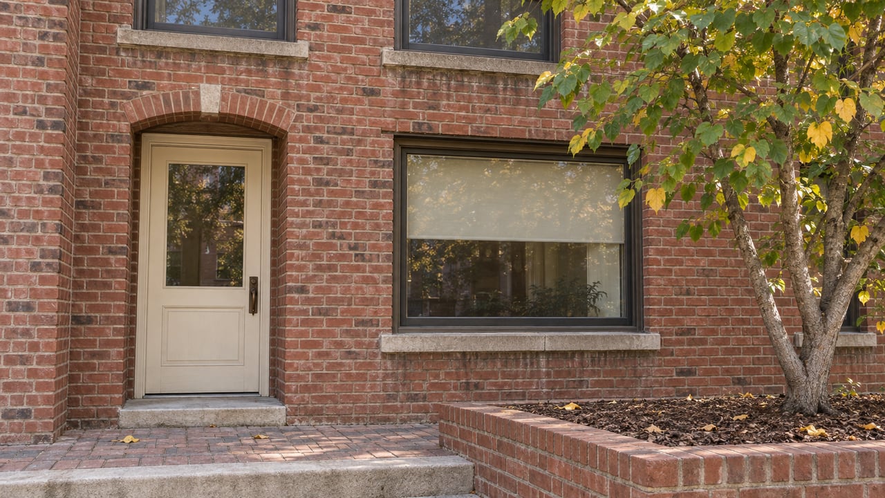 Close view of an aged red-brick residential entrance, bronze-framed windows, worn stone step and a redbud in a raised brick planting bed.