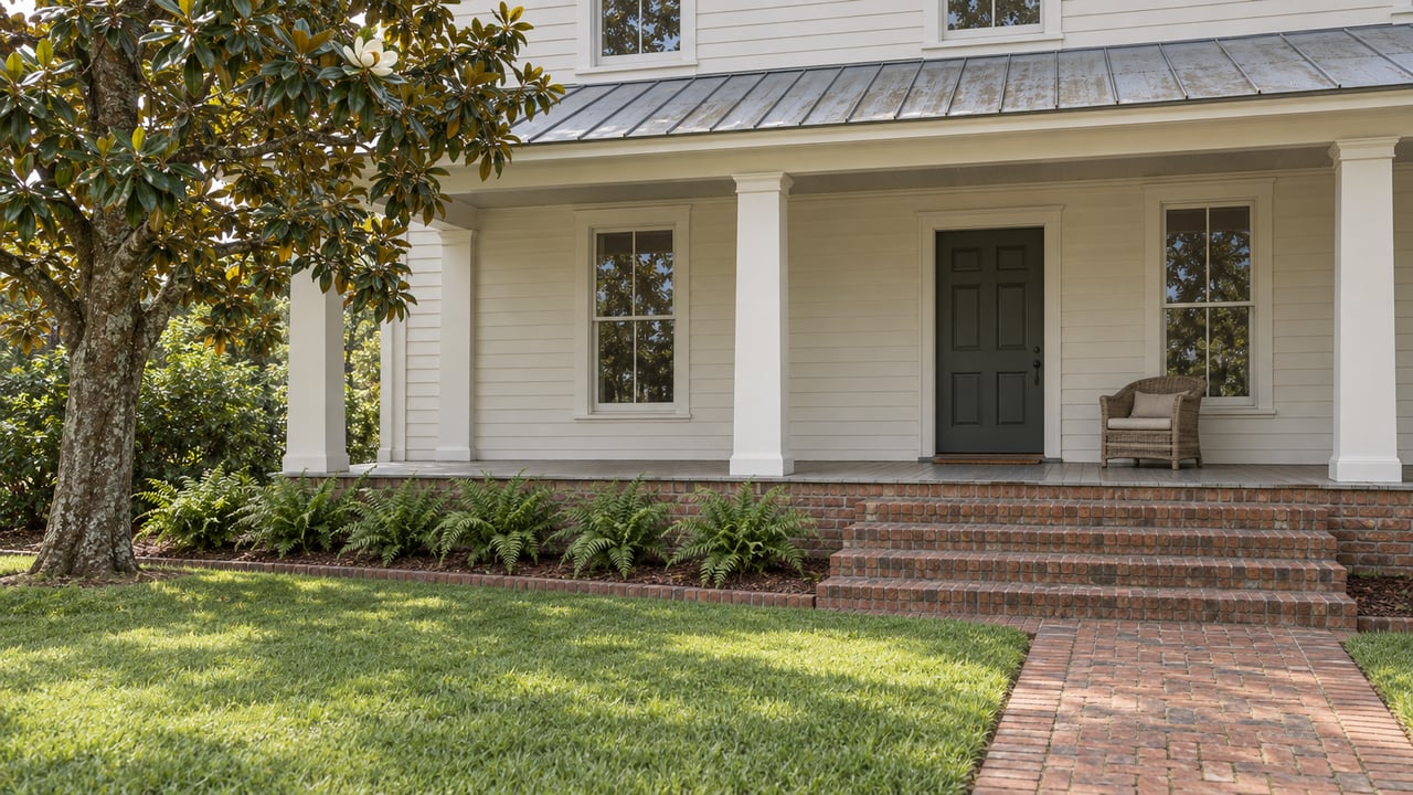 Ivory clapboard home with a deep covered porch, brick steps and walkway, magnolia canopy, and fern planting beside a broad lawn.