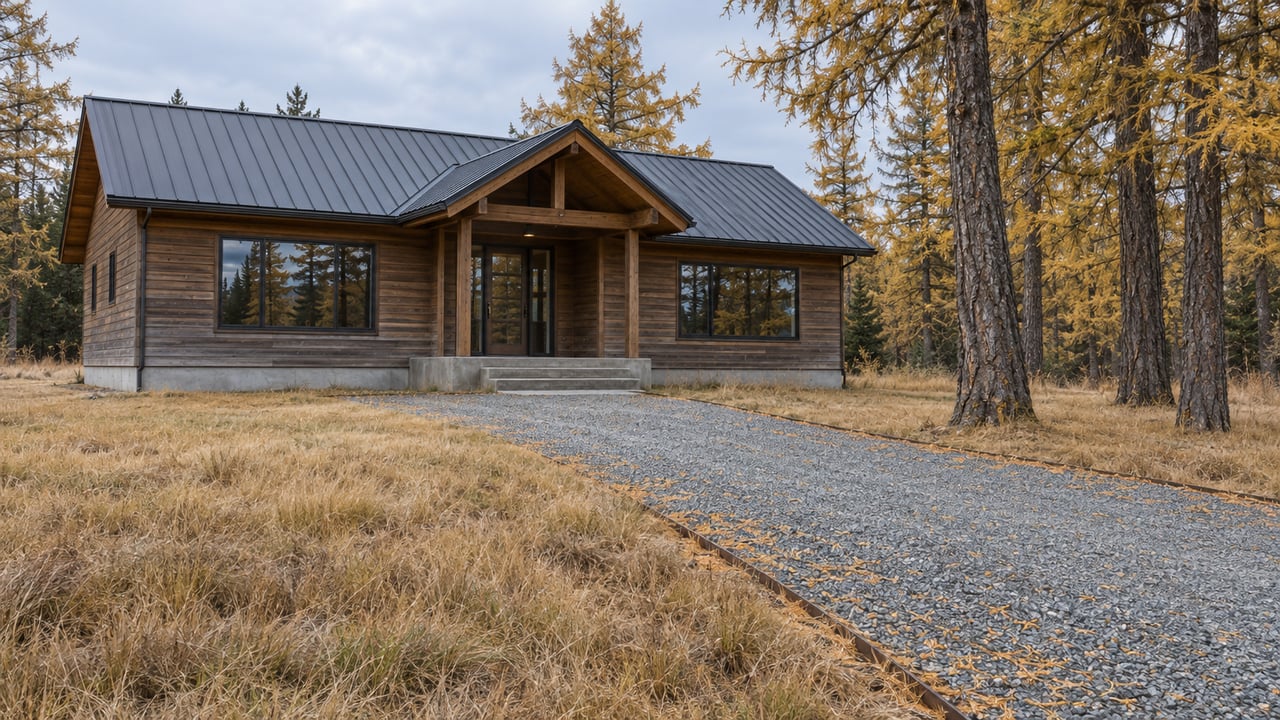 Weathered cedar home with a metal roof, broad front clearing, and golden larch trees in soft autumn light.