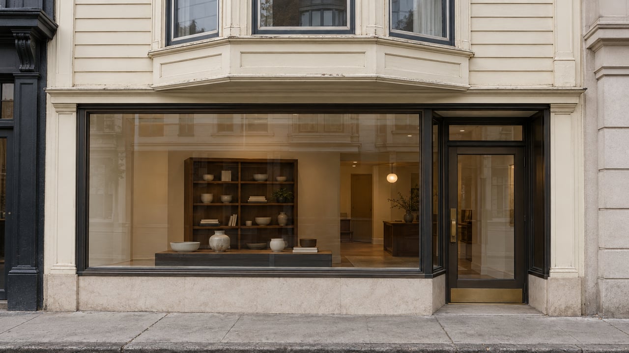 Ivory-sided mixed-use facade with a bronze-framed shopfront and projecting three-pane bay window.