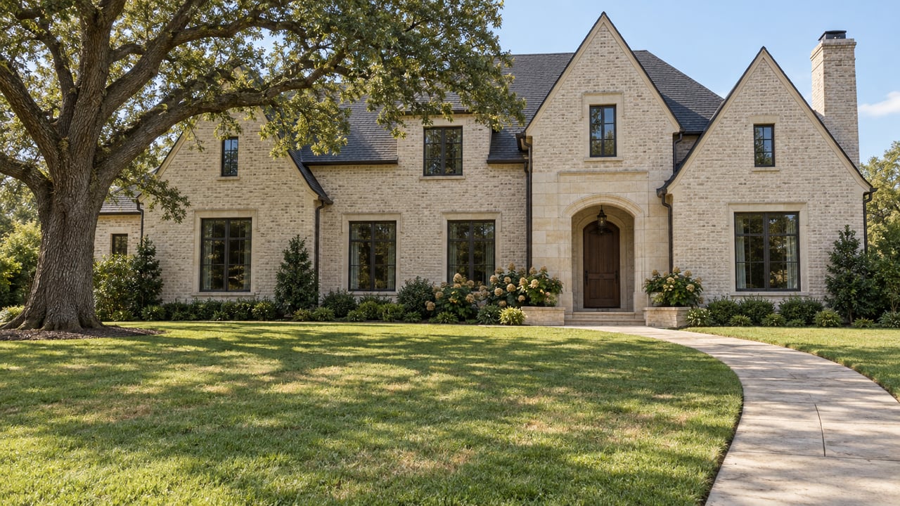 A mature oak shades the broad front lawn of a stone-and-brick home with steep gables and an arched entrance.