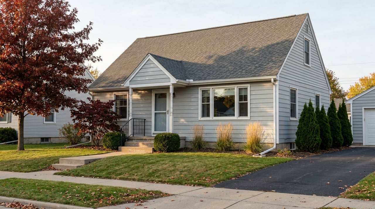 Two-story gray clapboard home with a red-bronze oak, burgundy dogwood, and scattered autumn leaves.