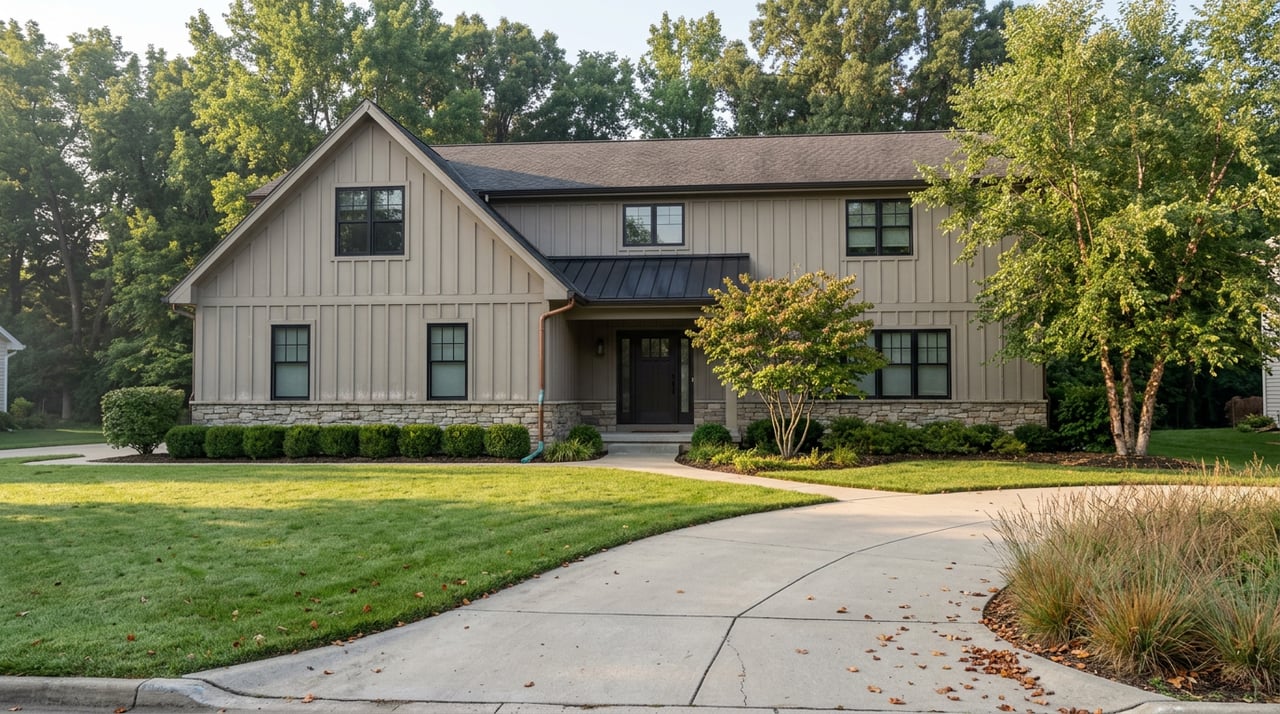 A greige-sided suburban home with stone accents, curving driveway, dew-bright lawn, and trees overhead.