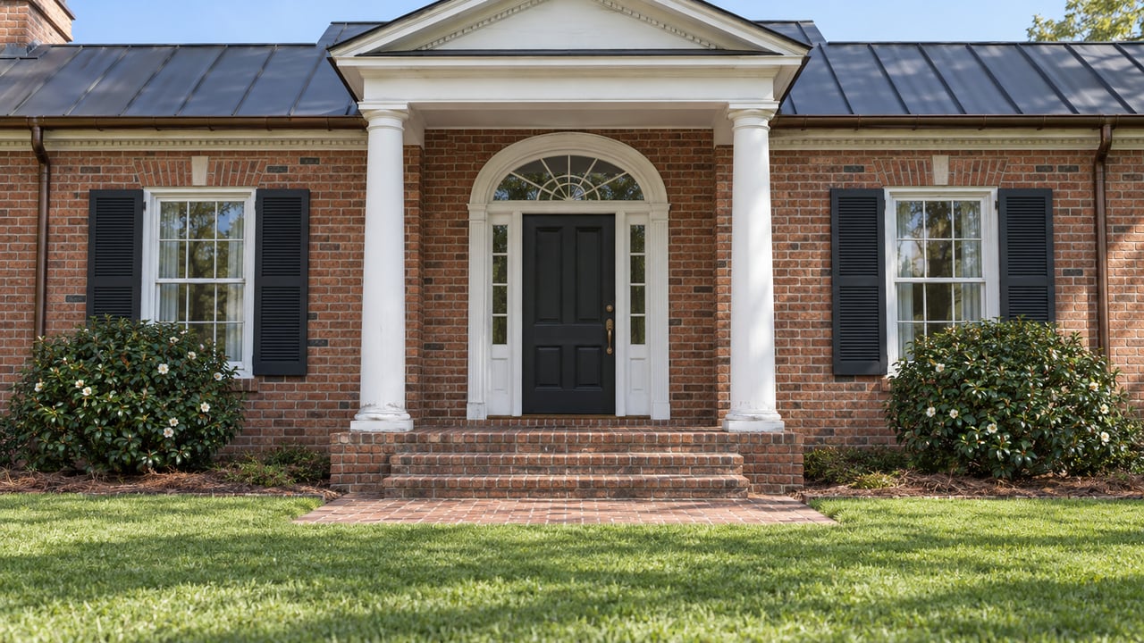 Red brick home with a white two-column portico, dark standing-seam roof, shuttered windows and a brick approach across the lawn.
