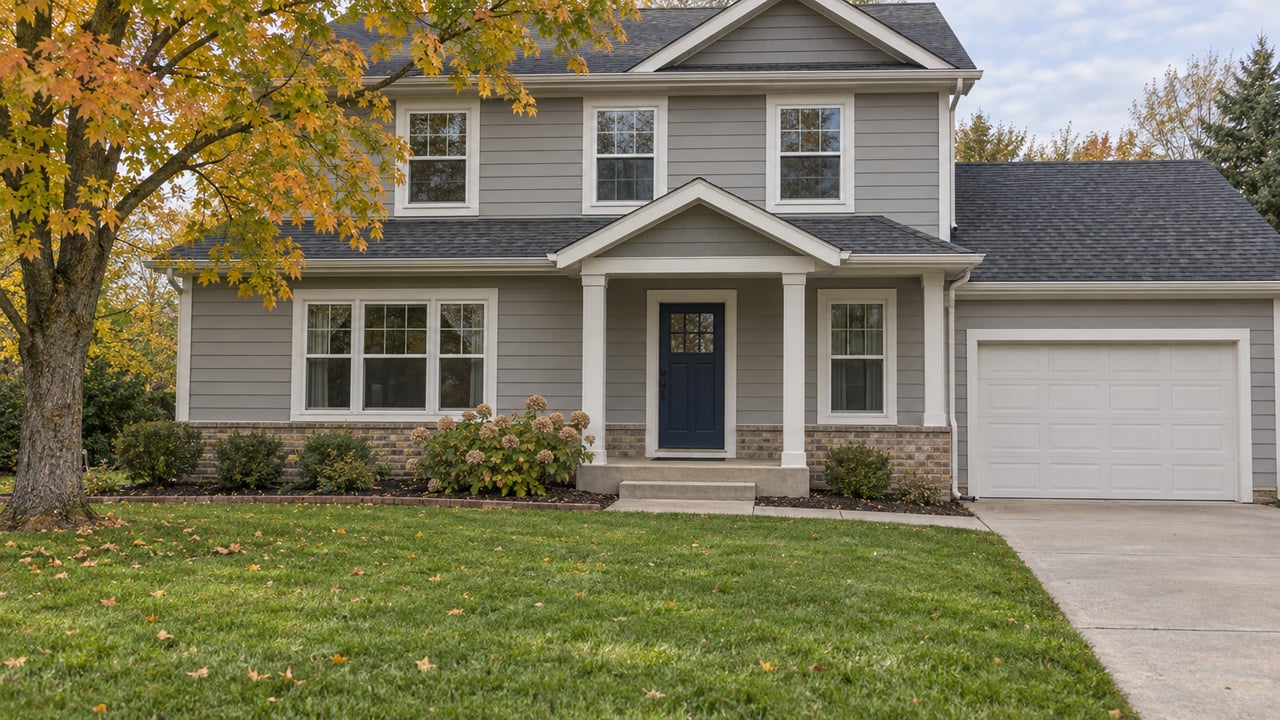Two-story gray-sided home with a covered porch, broad front lawn and an autumn sugar maple.
