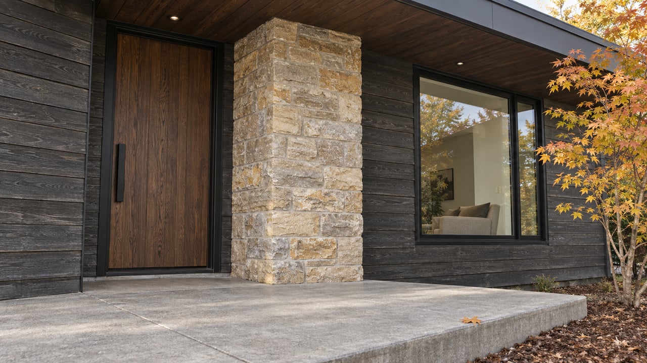 Covered home entry with an oak door, sandstone pier, black-framed window, and yellow-copper maple leaves.