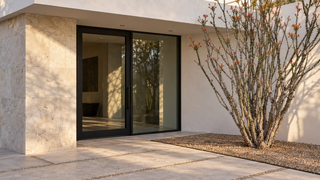A branching ocotillo stands beside a black-framed glass door in a pale limestone and white-plaster entry court.