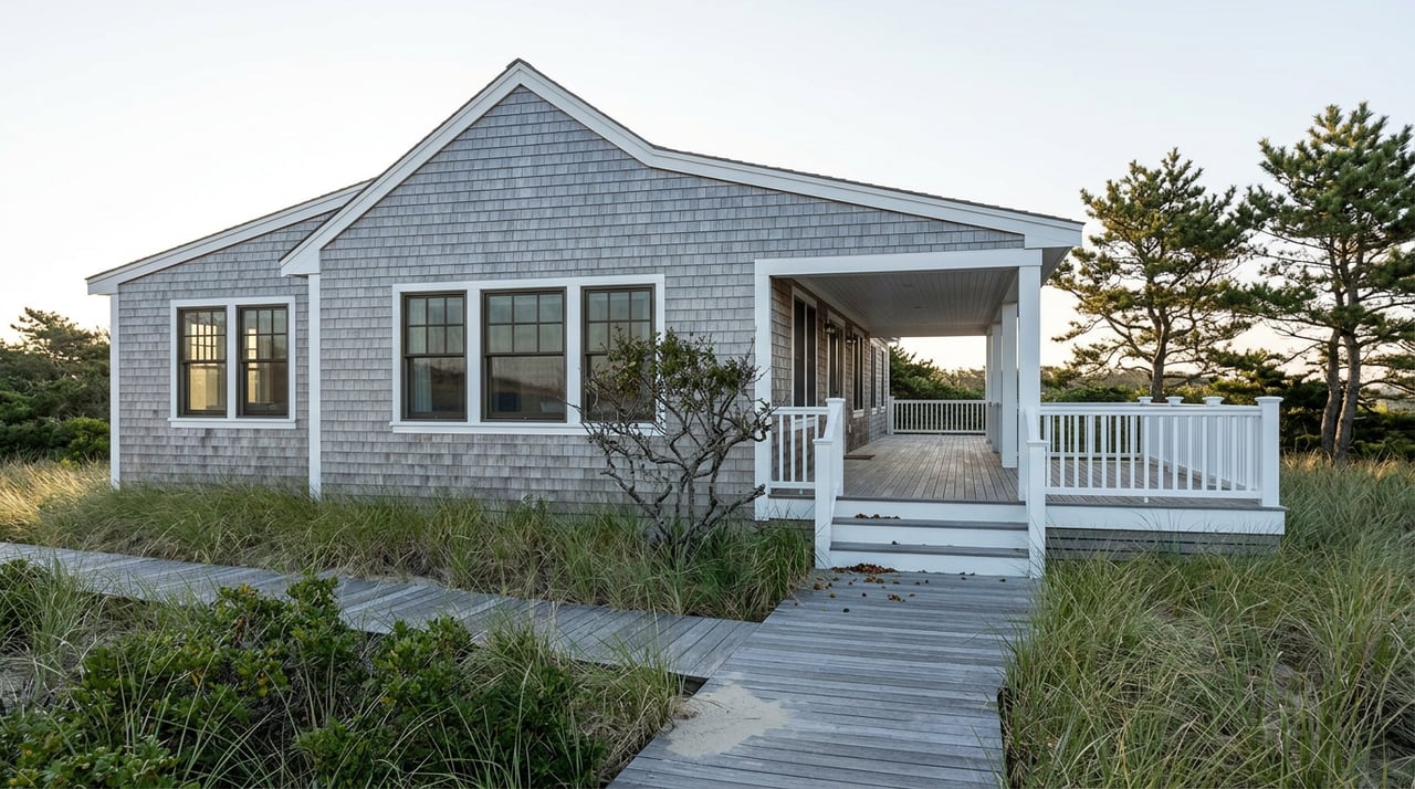 Cedar-shingled coastal home with a covered deck, approached by a weathered boardwalk through dune grass.