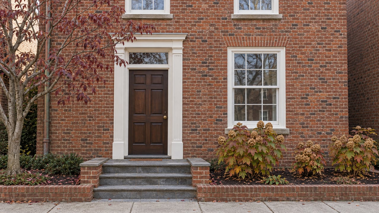 Red brick townhome entry with white sash windows, weathered bluestone steps and burgundy autumn planting.